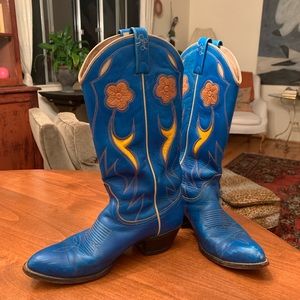 Gorgeous Vintage Ralph Lauren Cowboy Boots 7.5 C - Blue, Yellow, and Natural